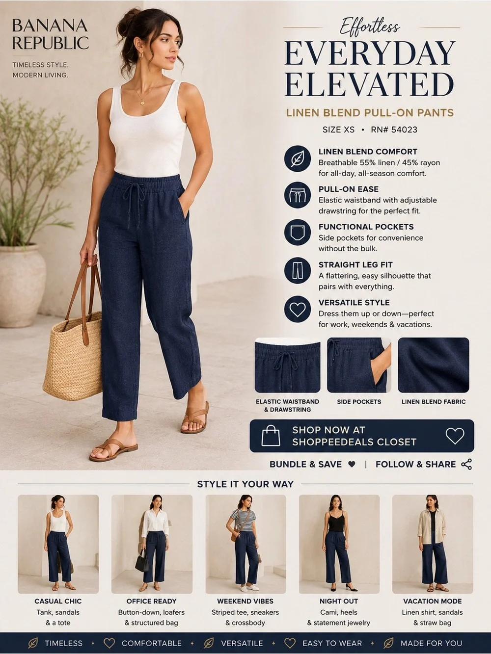 Banana Republic Straight High-Rise Linen Blend Pull-On Pants | Navy | XS